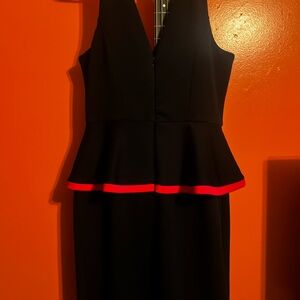 Nicole Black Midi Peplum Dress with Red Trim